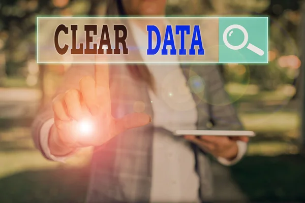 Znak tekstowy pokazujący Clear Data. Konceptualny akt fotograficzny usunięcia niechcianych danych lub informacji na dysku pamięci masowej. — Zdjęcie stockowe