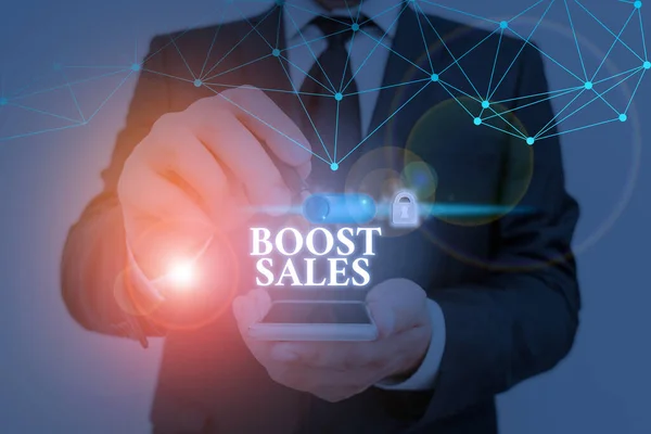 Scrittura concettuale a mano che mostra Boost Sales. Testo della foto aziendale sposta il profitto delle vendite da un luogo o posizione più bassa a una più alta . — Foto Stock