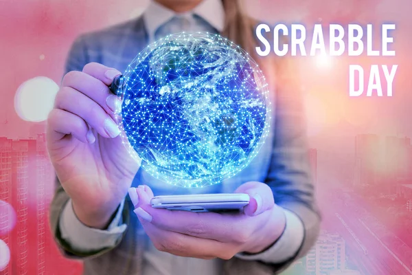 Text sign showing Scrabble Day. Conceptual photo a day to celebrate the popular board game created in 1938 Elements of this image furnished by NASA. — Stock Photo, Image