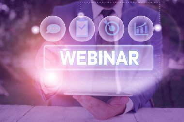 Kelime yazma metin Webinar. Internet üzerinde gerçekleşen seminer veya diğer sunum türleri için iş konsepti.