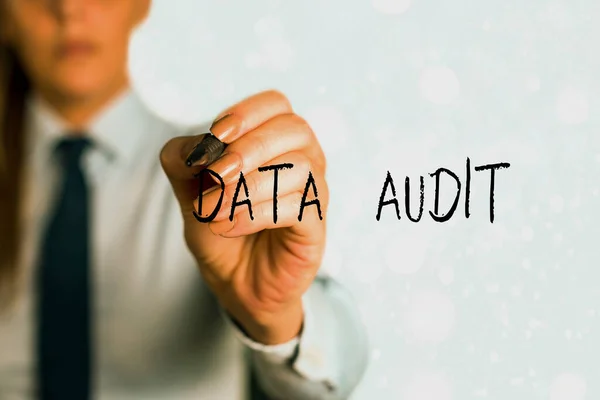 Texte d'écriture de texte Vérification des données. Concept d'entreprise pour l'audit des données afin d'évaluer leur qualité dans un but spécifique . — Photo