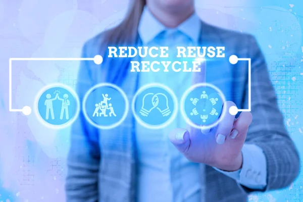 Nota de escrita mostrando Reduzir Reutilizar Reciclagem. Foto de negócios mostrando comportamento ambientalmente responsável do consumidor . — Fotografia de Stock