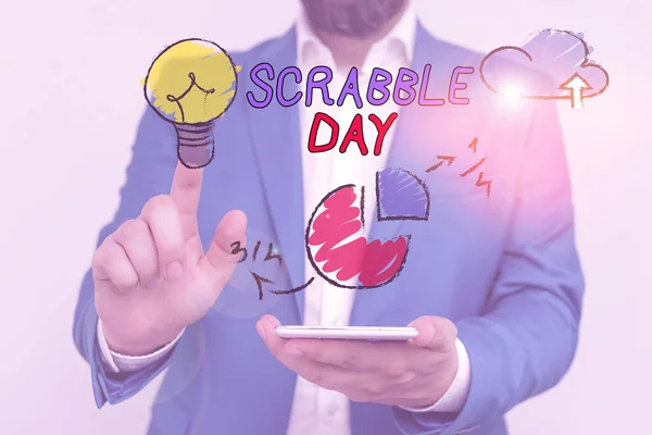 Word Γράφοντας κείμενο Scrabble Day. Επιχειρηματική ιδέα για μια μέρα για να γιορτάσουμε το δημοφιλές επιτραπέζιο παιχνίδι που δημιουργήθηκε το 1938. — Φωτογραφία Αρχείου