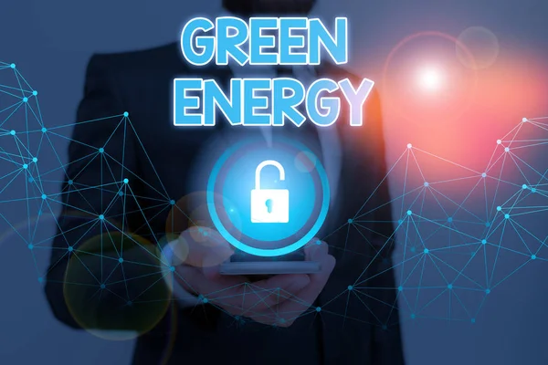 Woord schrijven tekst Groene Energie. Bedrijfsconcept voor komt uit natuurlijke bronnen en schaadt het ecosysteem niet. — Stockfoto