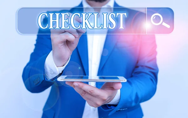 Escribiendo nota que muestra Checklist. Foto de negocios mostrando elementos de la lista de cosas requeridas que se hagan o puntos considerados . — Foto de Stock