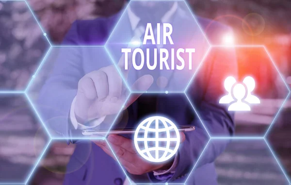 Εννοιολογική γραφή χέρι δείχνει Air Tourist. Επαγγελματική φωτογραφία προβάλλοντας τη διαδικασία της μετάβασης από τόπο σε τόπο από οποιοδήποτε ιπτάμενο αντικείμενο. — Φωτογραφία Αρχείου
