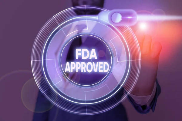 Nota di scrittura che mostra Fda Approvato. Business photo showcase FDA ha accettato il prodotto o la formula è sicuro ed efficace . — Foto Stock