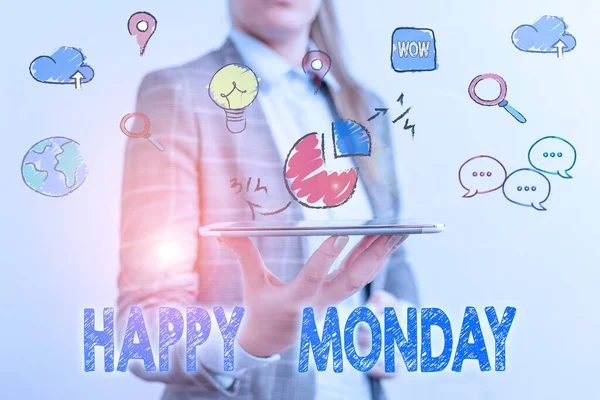 Woord tekst schrijven Happy Monday. Business concept om te vertellen dat het demonstreren van de bestelling om hem geweldige nieuwe week te wensen. — Stockfoto