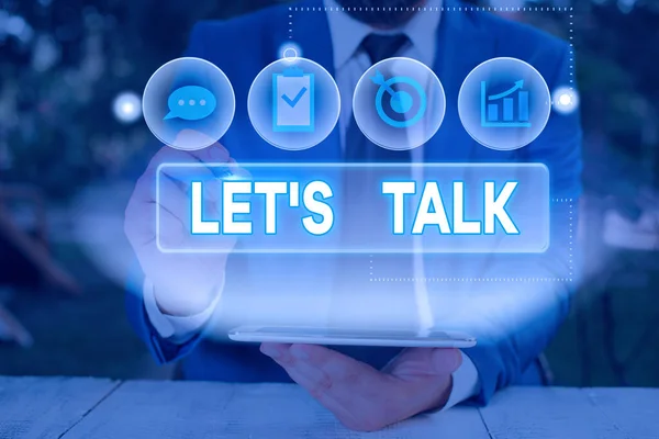 Word writing text Lets Is Talk. Business concept for suggesting in the beginning of a conversation on the topic. — Stockfoto