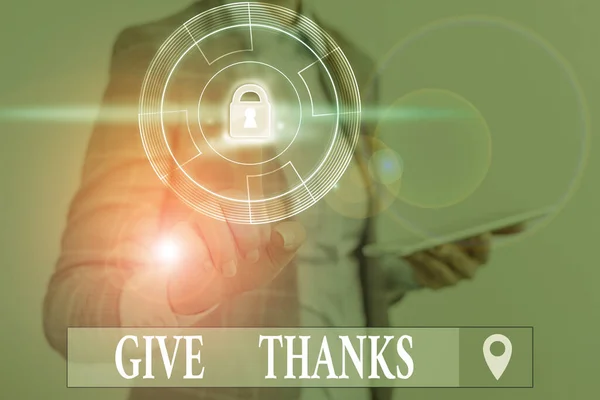 Tekst pisania słów Give Thanks. Biznesowa koncepcja wyrażania wdzięczności lub okazywania uznania Potwierdź życzliwość. — Zdjęcie stockowe