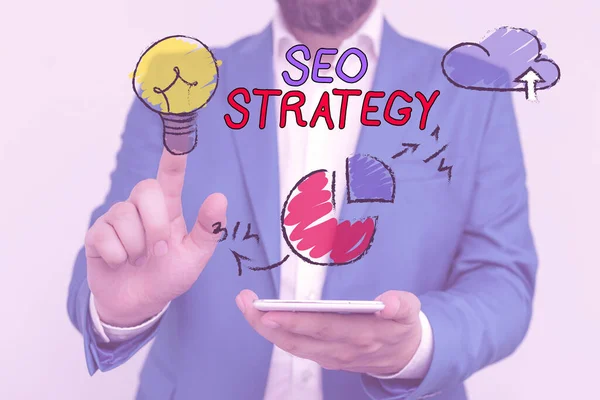 Tekst schrijven Seo Strategy. Bedrijfsconcept voor procedures die de zichtbaarheid van een website moeten vergroten. — Stockfoto