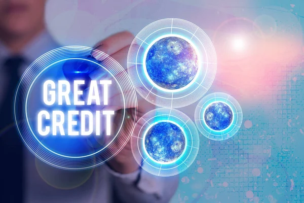 Word writing text Great Credit. Business concept for borrower has high credit score and is a safe credit risk Elements of this image furnished by NASA.