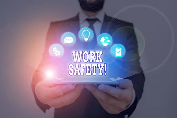 Conceptuele handschrift dat werk veiligheid weergeeft. Beleid en procedures voor zakelijke foto tekst om de gezondheid van werknemers te garanderen. — Stockfoto