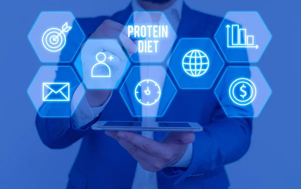 Schrijfbriefje met proteïne dieet. Bedrijfsfoto presentatie laag in vet of koolhydraten consumptie gewichtsverlies plan. — Stockfoto