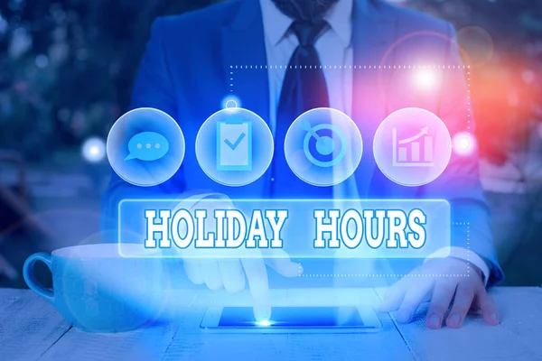 Conceptual hand writing showing Holiday Hours. Business photo showcasing Overtime work on for employees under flexible work schedules.
