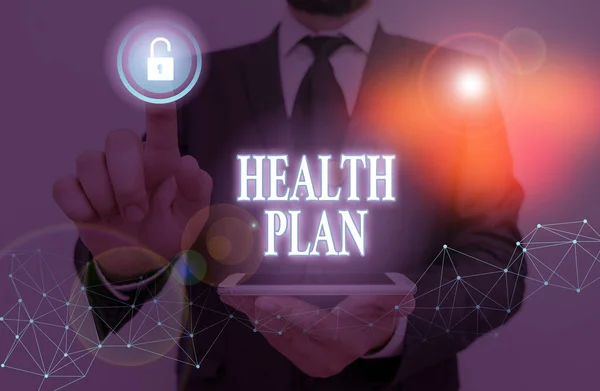 Word writing text Health Plan. Business concept for entity that provides coverage of designated health services.