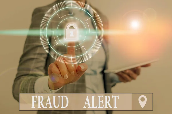 Słowo pisanie tekstu Alert oszustwa. Koncepcja biznesowa dotycząca wpisu o bezpieczeństwie umieszczonego na koncie karty kredytowej w celu identyfikacji skradzionej. — Zdjęcie stockowe