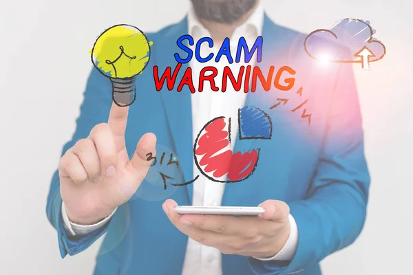 Word writing text scam Warnung. Geschäftskonzept zur Vorsicht vor unerwünschten E-Mails bietet Aussicht auf ein Schnäppchen. — Stockfoto