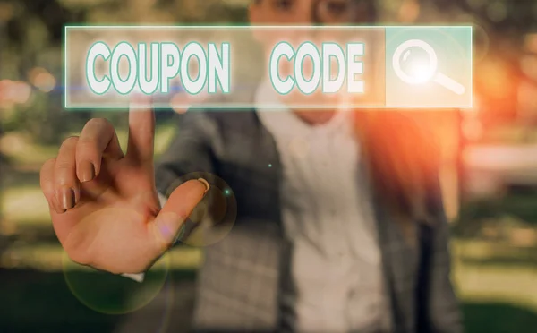 Writing note showing Coupon Code. Business photo showcasing ticket or document that can be redeemed for a financial discount. — 스톡 사진