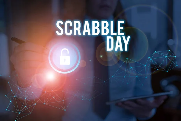 Conceptual hand writing showing Scrabble Day. Business photo text a day to celebrate the popular board game created in 1938. — Stock Photo, Image