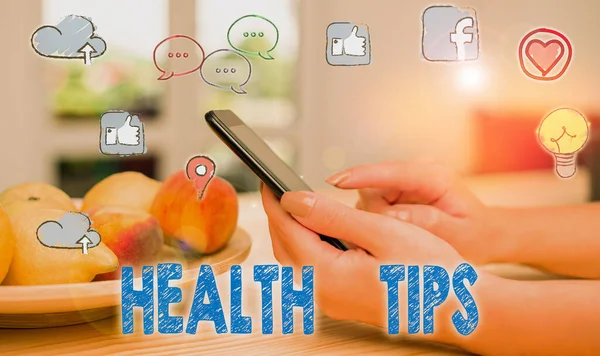 Conceptual hand writing showing Health Tips. Business photo showcasing beneficial to one s is physical mental or emotional state. — Stock Photo, Image