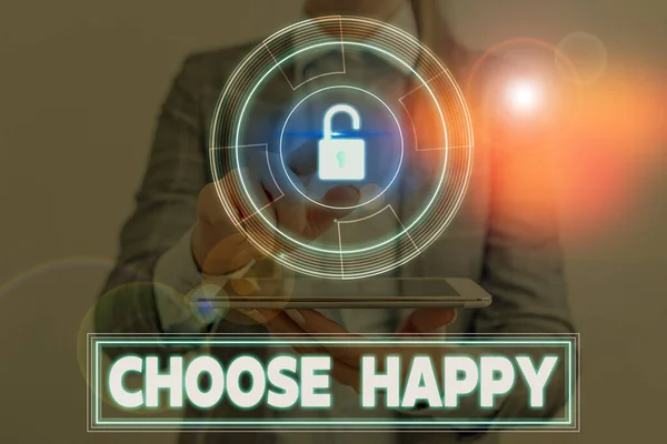 Conceptueel handschrift met Choose Happy. Zakelijke foto presentatie vermogen om echte en blijvende geluk voor jezelf te creëren. — Stockfoto