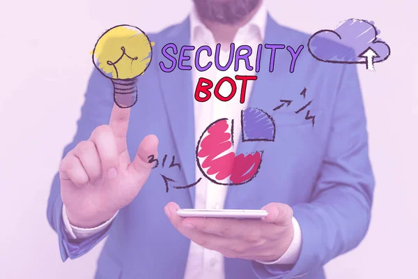 Написаний текст Security Bot. Бізнес-концепція програмного забезпечення, яка виконує автоматизоване завдання через Інтернет.. — стокове фото