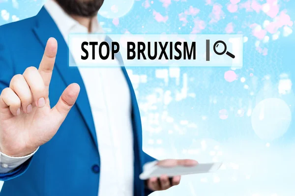 Texto de escritura de palabras Stop Bruxism. Concepto de negocio para poner fin a una condición que rechina o aprieta los dientes . — Foto de Stock