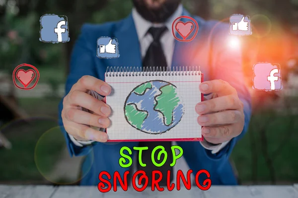 Word writing text Stop Snoring. Business concept for noisy breathing during sleep due to vibrating airway tissue. — Stock Photo, Image
