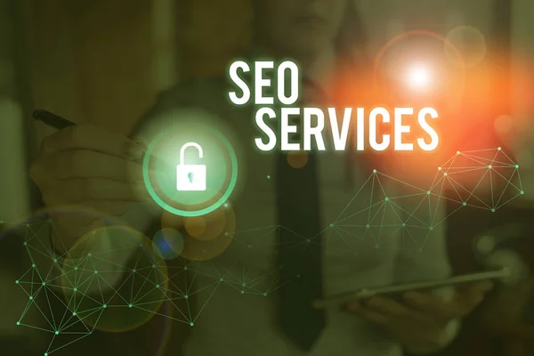 Fogalmi kézírás a Seo Services-ről. Üzleti fotó szöveg csomag technikák és eljárások hullámzó weboldal láthatóság. — Stock Fotó