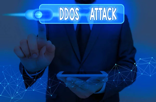 Tulisan tangan teks Ddos Attack. Konsep berarti pelaku berusaha untuk membuat sumber daya jaringan tidak tersedia bagi pengguna . — Stok Foto