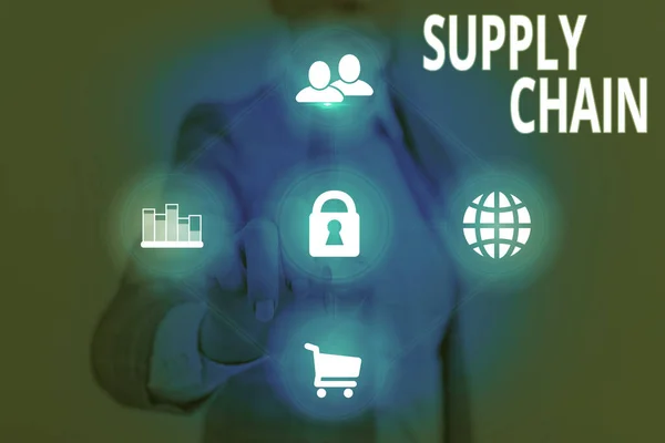 Schrijfbriefje met Supply Chain erop. Business photo showcasing netwerk tussen een bedrijf en leveranciers bij de productie van een product. — Stockfoto