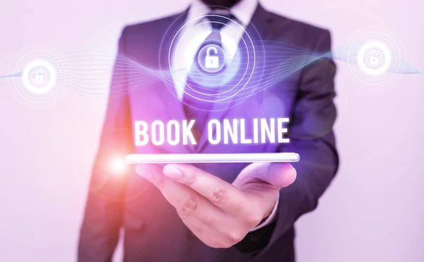 Konceptuell handstil som visar Book Online. Business foto bokliknande formulär som bara finns att läsa på Internet. — Stockfoto