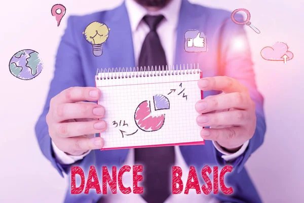 Scrivere testi in Word Dance Basic. Concetto di business per attività che utilizza il corpo e la gamma di movimento . — Foto Stock