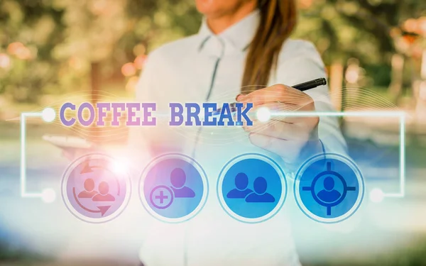 Writing note showing Coffee Break. Business photo showcasing short time when you stop working to have a cup of coffee. — Φωτογραφία Αρχείου