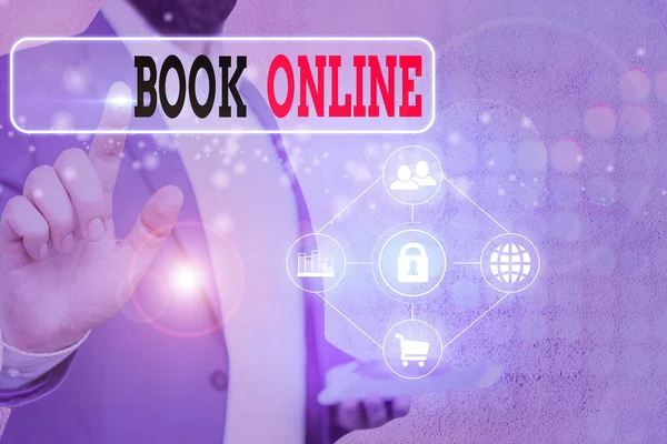 Nota de escritura que muestra Book Online. Foto de negocios mostrando forma de libro que solo está disponible para leer en Internet . — Foto de Stock