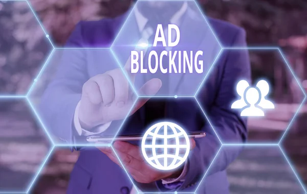 Escritura manual conceptual que muestra el bloqueo de anuncios. Programa de presentación de fotos de negocios que eliminará diferentes tipos de publicidad de la web . — Foto de Stock