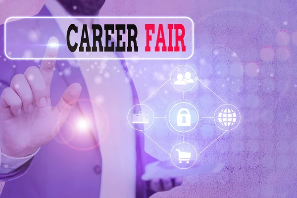 Writing note showing Career Fair. Business photo showcasing an event at which job seekers can meet possible employers. — Stockfoto