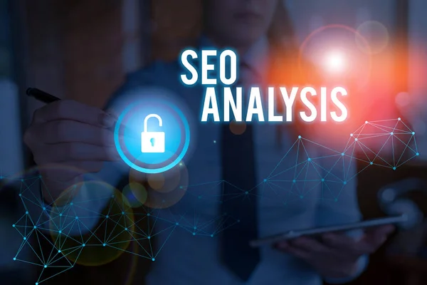 Escritura manual conceptual que muestra Seo Analysis. Herramienta de texto de fotos de negocios ayuda a mostrar para estudiar cómo mejorar un ranking de sitios web . — Foto de Stock