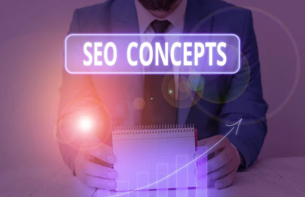 Writing note showing Seo Concepts. Business photo showcasing a process of increasing the quality of website traffic. — Stock Photo, Image