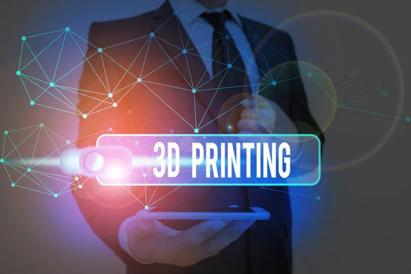 3D 프린팅을 보여 주는 개념적 손 글씨. 3D 디지털 모델로 물체를 만들어 내는 비즈니스 사진 텍스트. — 스톡 사진