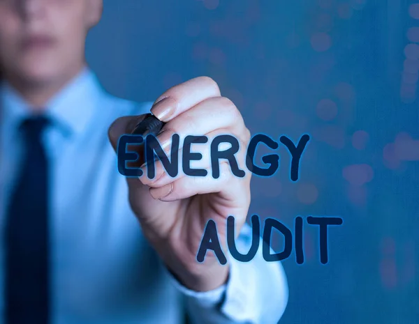 Ordskrivning text Energy Audit. Affärsidé för bedömning av en byggnads energibehov och effektivitet. — Stockfoto