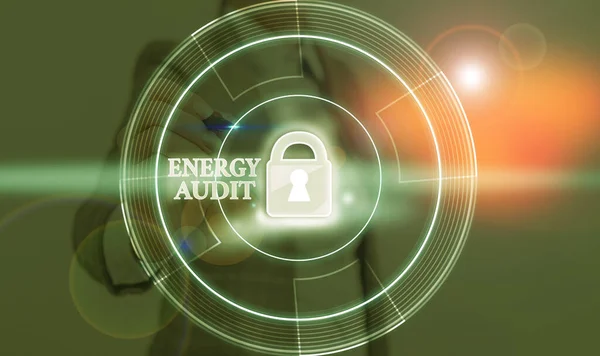Konceptuell handstil som visar Energy Audit. Bedömning av en byggnads energibehov och effektivitet med företagstext. — Stockfoto