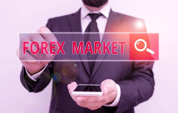 Εννοιολογική γραφή χέρι δείχνει Forex Αγοράς. Αγορά κειμένου επιχειρηματικών φωτογραφιών που καθορίζει την ισοτιμία των παγκόσμιων νομισμάτων. — Φωτογραφία Αρχείου