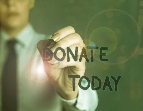 Word writing text Faites un don aujourd'hui. Concept d'entreprise pour le temps de donner de l'argent ou des biens pour aider une démonstration ou une organisation . — Photo