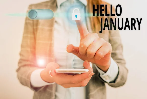 Signo de texto que muestra Hello January. Foto conceptual un saludo o cálida bienvenida al primer mes del año . — Foto de Stock