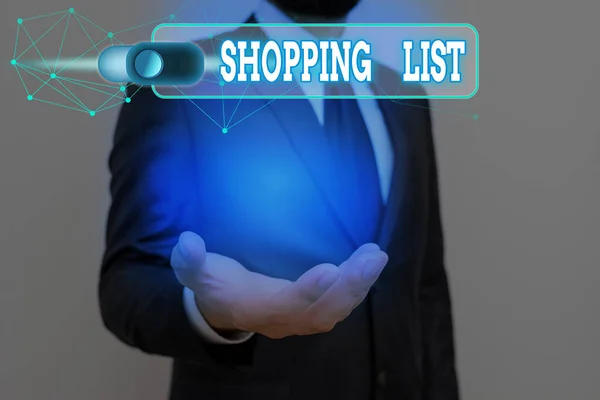 Texto de caligrafia Lista de compras. Conceito que significa uma lista de itens a serem considerados ou compras a serem feitas . — Fotografia de Stock