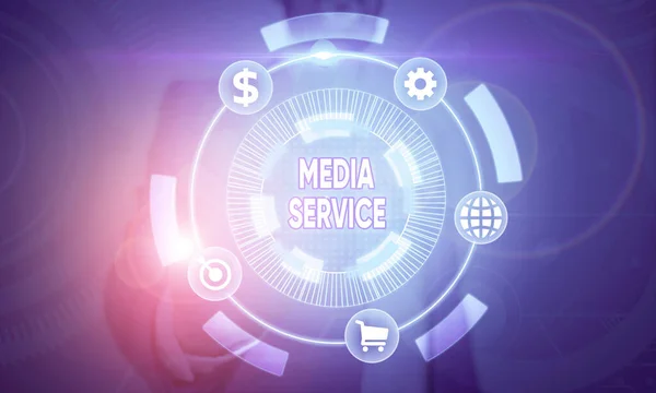 Writing note showing Media Service. Business photo showcasing server programs that delivers streaming media over the Web. — Stock Fotó