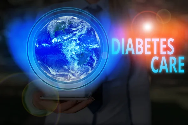 Tekst pisma "Diabetes Care". Concept meaning Journal for the health care practitioner to treat diabetes Elements of this image provided by NASA. — Zdjęcie stockowe