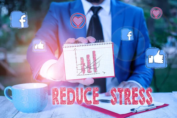 Fogalmi kézírás mutatja Csökkenti a stresszt. Üzleti fotó szöveget, hogy enyhítse a feszültséget, és vegyenek részt a minőségi életmód. — Stock Fotó